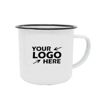 12oz Enamel Tin Camping Mug White Body Black Rim